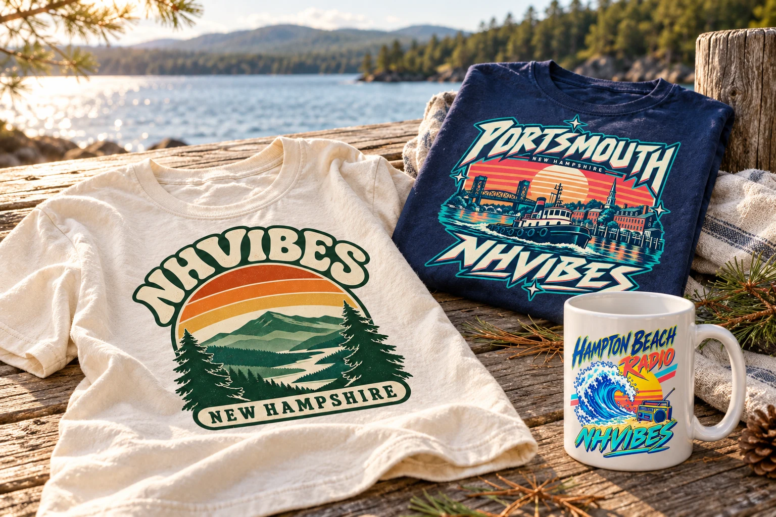 Illustrative NHVibes mountain and Portsmouth tees with a Hampton Beach Radio mug beside a lake